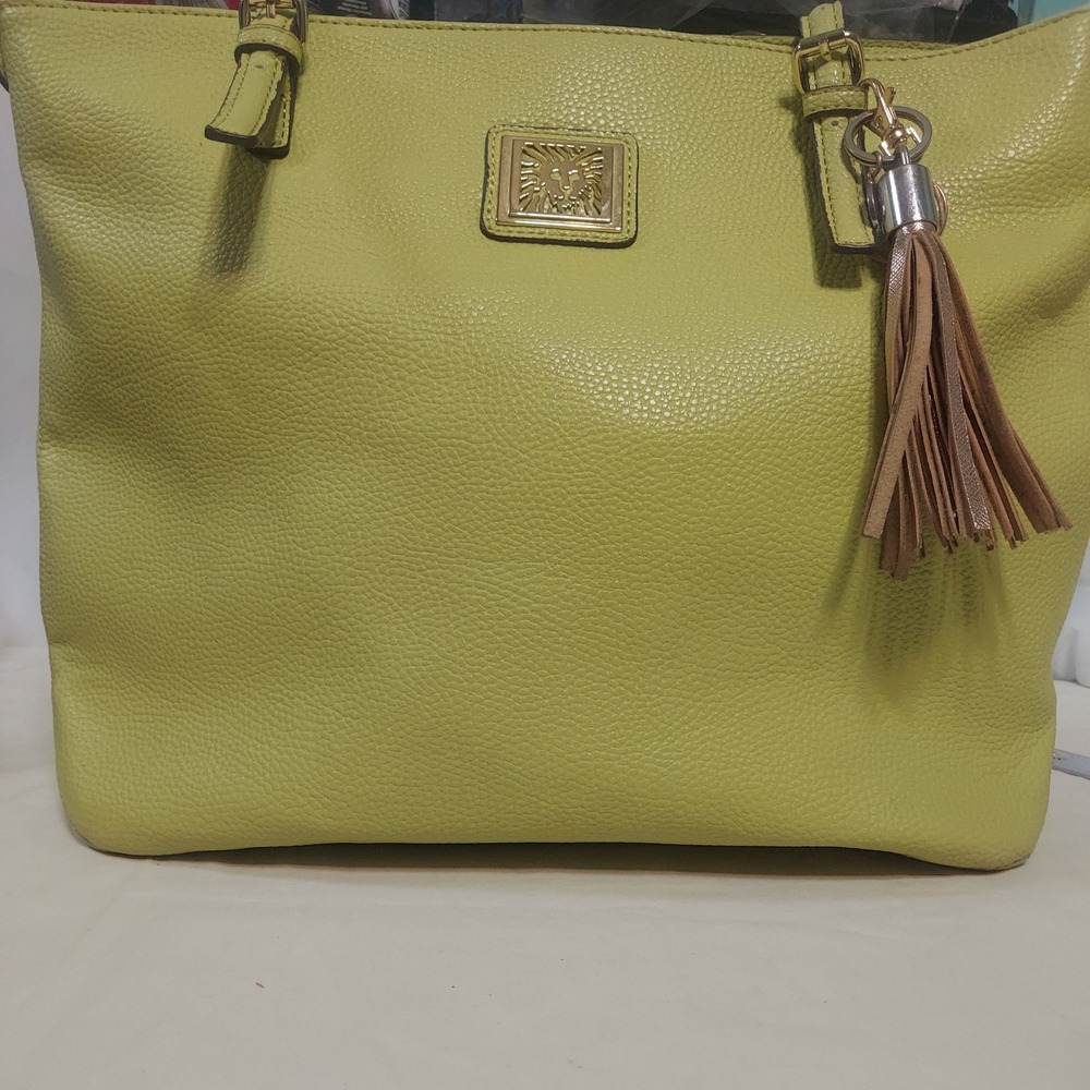 Anne Klein Tote Bag Lime‎ Green Pebbled Leather Shoulder Bag With Tassel Accent